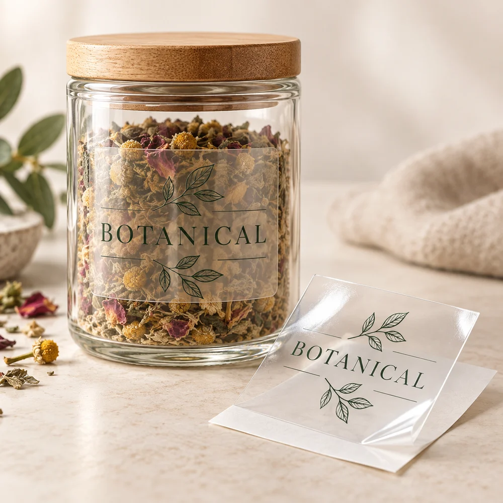 Transparent label on a glass jar